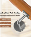 Stainless steel wall bracket supporting Heavy Duty Beech Wood Stair Handrail 100 Cm Super Grippy Round Safety Grab Bar.