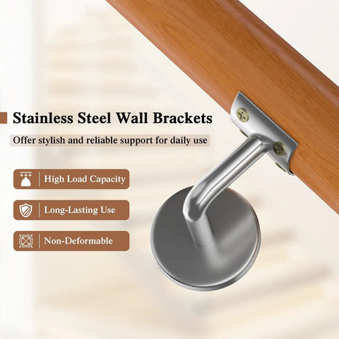 Stainless steel wall bracket supporting Heavy Duty Beech Wood Stair Handrail 100 Cm Super Grippy Round Safety Grab Bar.