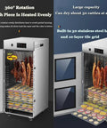 Heavy Duty Commercial Electric Food Dehydrator With Rotating Stainless Steel Rack And Precision Heat Control For Homemade Meat Jerky And Herbs, showcasing 30 hooks and 10-layer grid.