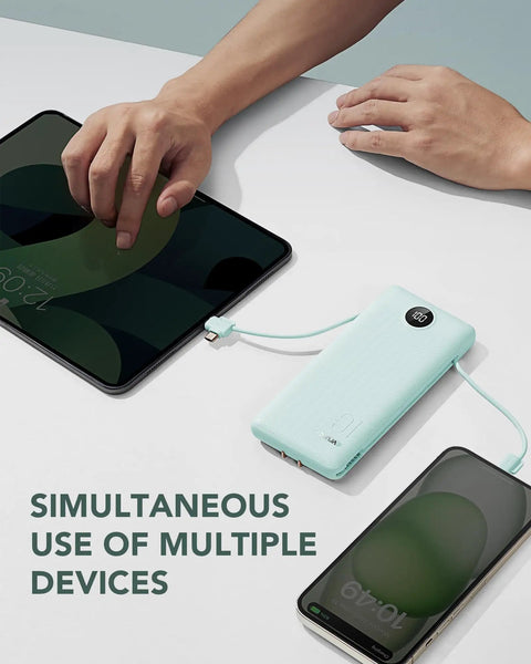 All In One 10000mAh Portable Charger With Built In Micro USB And Type C Cables And AC Wall Plug USB C Power Bank For Phones And Tablets in use with devices