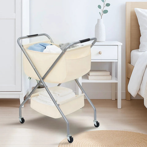 Collapsible Laundry Cart With Wheels 65L 17 Gal Rolling Hamper Clothes Basket On Wheels Space Saving Steel Frame Beige