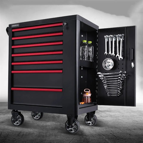 Rolling Tool Box With Seven Lockable Drawers, Heavy Duty Steel Tool Chest Cabinet, Side Storage Cart For Garage Or Workshop, Durable Black Finish with open side doors showing interior storage.