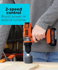 20V Max Cordless Drill Driver with Battery and Charger, LED Work Light, shown in use for woodworking project.