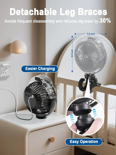Cooling Misting Stroller Fan With 6000mAh Battery showing detachable legs on crib, flexible tripod, easy charging and operation