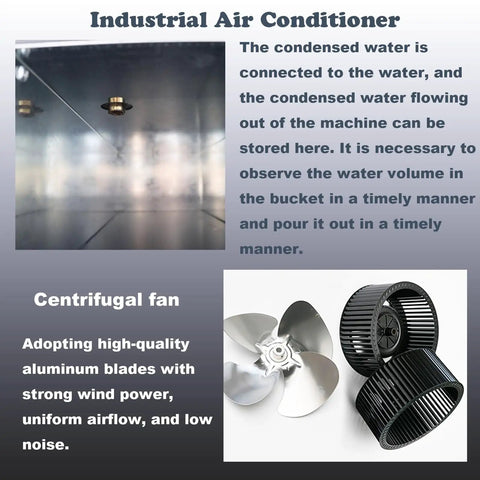 Job Site Ready Heavy Hitter Industrial Air Conditioner Double Exhaust Extendable Duct High Performance Outdoor Ventilation Fan 15400 Btu 220V Built Tough Cooling System Black interior and fan components close-up.