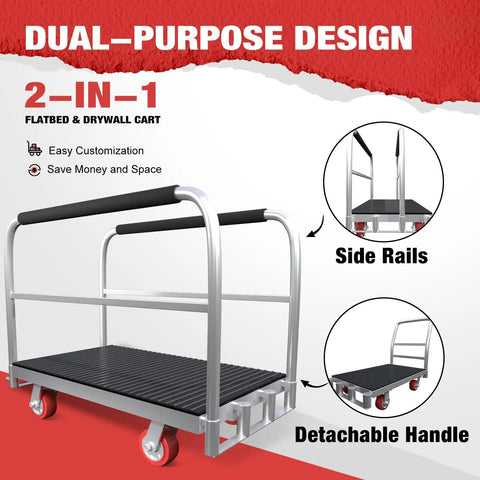 Beefy Heavy Duty Two In One Flatbed Panel Cart With 42 By 24 Inch Platform Rubber Mat Three Handrails 2500 Lb Capacity All Steel Push Cart For Drywall And Lumber Flatbed Cart With Swivel Casters shown with side rails and detachable handle