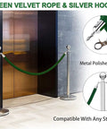 Green Velvet Stanchion Rope 2 Pack, 5 Ft Crowd Control Barriers With Silver Hooks for VIP Red Carpet Events, Party Decor
