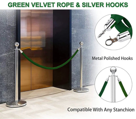 Green Velvet Stanchion Rope 2 Pack, 5 Ft Crowd Control Barriers With Silver Hooks for VIP Red Carpet Events, Party Decor
