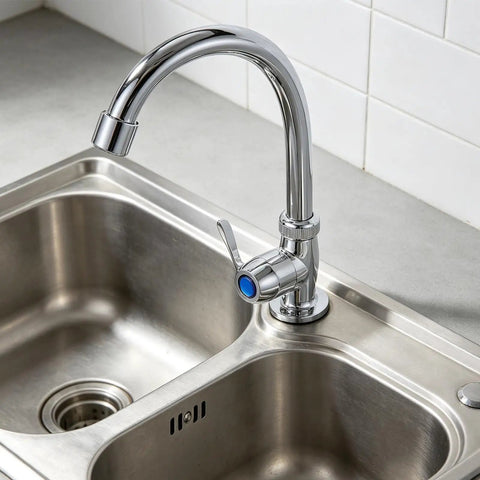 ibasenice Plastic Kitchen Water Faucet, Vertical Sink Tap with 2cm Base, installed on stainless steel sink.