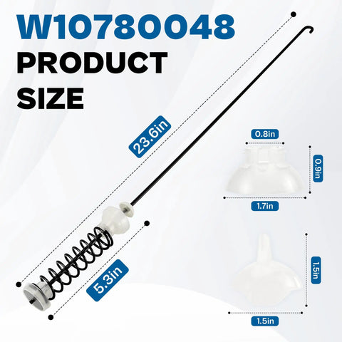 Washer Suspension Rod Kit Beefy Stainless Steel With Quick Return Spring, 23.6 inches, W10780048 and dimensions shown