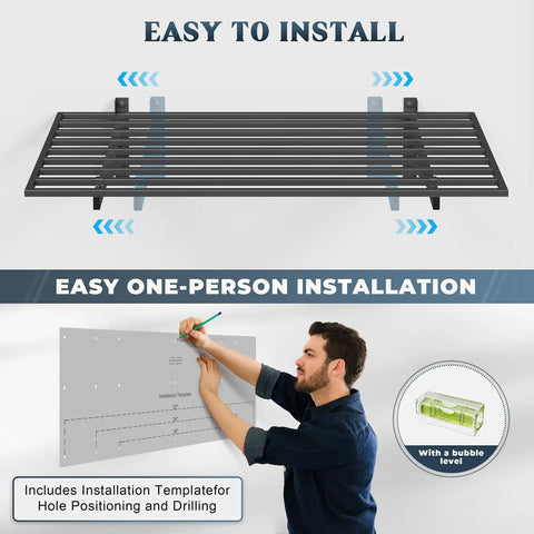 Heavy-Duty 2 Pack Wall Mounted Garage Shelves With 8 Hooks, 2x4 Ft Each, 500 Lb Total Capacity, Steel Storage Racks For Tool Organization, Garage, Workshop, Home Workspace, And All Your Gear. One-person installation template