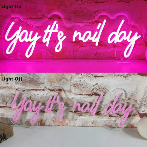 Pink Neon Nail Sign For Nail Salon And Beauty Studio Decor LED Light Open Sign Wall Art Perfect For Nail Rooms, Beauty Bars, Spas, Shops, And Home Makeovers showing 'Yay it's nail day' illuminated and off.