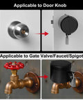 MOSECYOU door knob locking cover with padlock; heavy-metal silver finish; installed on doorknob.
Lockout device for gate valve/faucet/spigot; black cover with padlock on brass valve.