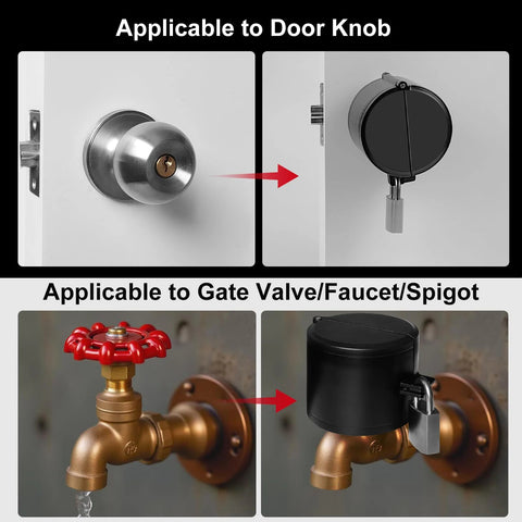 MOSECYOU door knob locking cover with padlock; heavy-metal silver finish; installed on doorknob.
Lockout device for gate valve/faucet/spigot; black cover with padlock on brass valve.