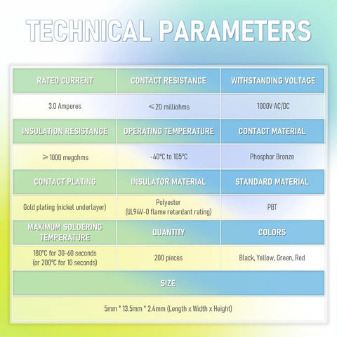 Technical parameters of 200 piece set of standard computer jumper caps with handle pins for short circuit use in black yellow green red