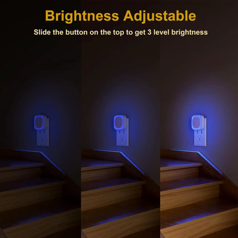 Two Pack Plug In Dimmable Night Light With Auto Dusk To Dawn Sensor Blue LED Night Light With Soft Diffused Glow 3 Level Brightness Perfect For Bathroom Hallway Stairs Kitchen And Bedroom