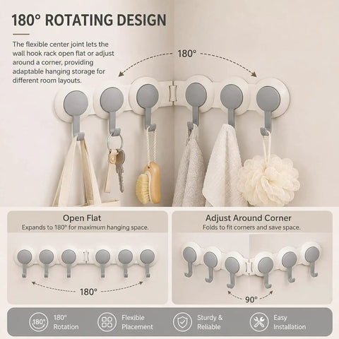 No Drill Drama Heavy Duty Wall Hook Rack With Grip Tape That Saves Your Paint While Serving A Flexible Swivel Fold showcasing 180° design.