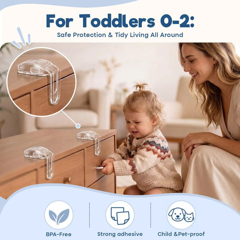 Baby Proofing Drawer Locks With Dual Button Unlock Clear Adhesive Safety Locks 4 Pack on wooden cabinet protecting toddler.