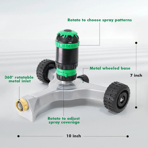 Gear Drive Sprinkler With Wheeled Base 5 Pattern Adjustable Lawn Sprinkler For Yard Garden And Flower Beds, metal wheels and adjustability