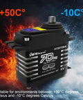Beefy 70Kg Brushless RC Servo With All Steel Helical Gears for RC models, temperature range -10°C to +50°C visible.