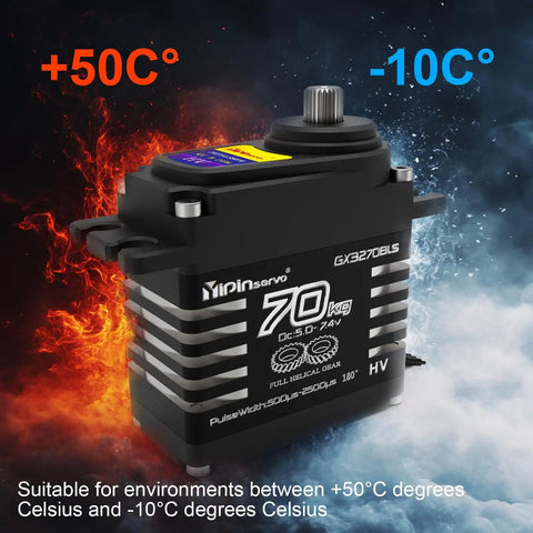 Beefy 70Kg Brushless RC Servo With All Steel Helical Gears for RC models, temperature range -10°C to +50°C visible.