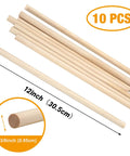 Solid Birch Wood Dowel Rods For Crafting, 3/8 X 12 Inch Unfinished Wooden Sticks, 10 Pack displayed in a row with smooth finish.