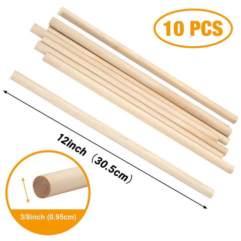 Solid Birch Wood Dowel Rods For Crafting, 3/8 X 12 Inch Unfinished Wooden Sticks, 10 Pack displayed in a row with smooth finish.