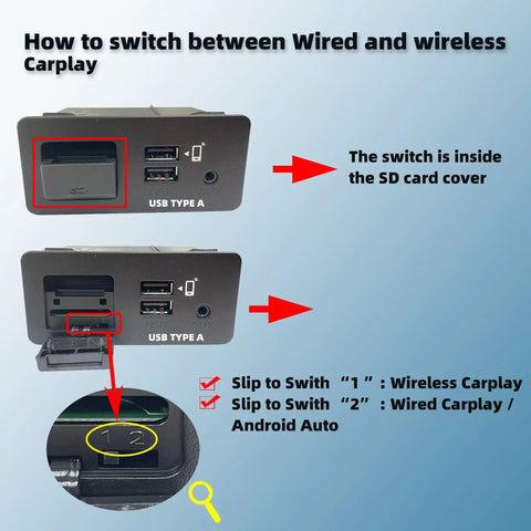 Wireless Apple CarPlay Retrofit Kit For Mazda 2 3 6 CX-3 CX-5 CX-9 MX-5 2014-2020 interface showing USB Type A and mode switch.