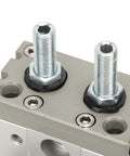 Close-up of pneumatic rotary actuator built to last with rugged high strength rotary air cylinder for chemical industry integration.