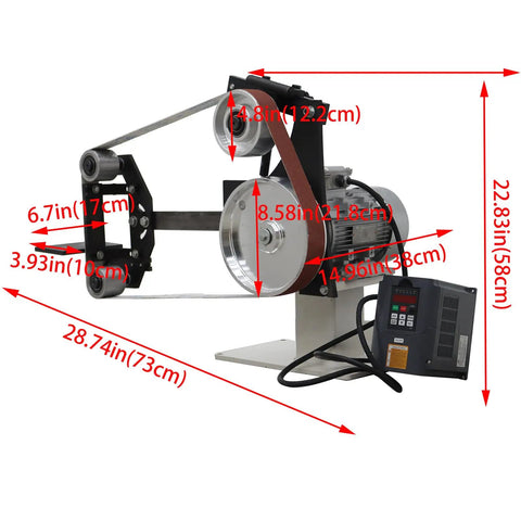 Straight Fire Heavy Duty Belt Sander Grinder With 71 Inch Sanding Belt And Three Grinding Wheels For Metal Polishing, showing dimensions and design.