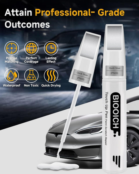 Exact Color Match Touch Up Paint Pen for Cars Chip and Scratch Repair Quick Silver Tesla PN00 next to car and product features