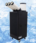 Commercial Grade Heavy Duty 220V Portable Air Conditioner Industrial Spot Cooler With Roomy 13 Liter Drain Tank And Smooth Roll Away Wheels, shown with three exhaust ducts.