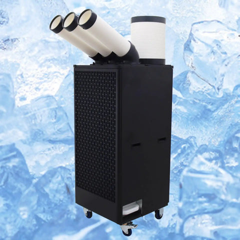 Commercial Grade Heavy Duty 220V Portable Air Conditioner Industrial Spot Cooler With Roomy 13 Liter Drain Tank And Smooth Roll Away Wheels, shown with three exhaust ducts.
