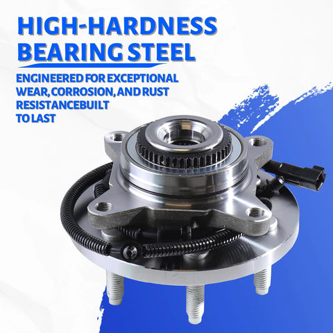 Front Wheel Bearing Hub Assembly 515142 For 4x4 6 Lug Trucks ABS Compatible Fits Lincoln Navigator 2011-2014 Ford F-150 2011-2014 Expedition 2011-2014 4WD, high-hardness steel close-up view with connector visible
