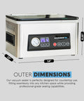 Front view of stainless steel Avid Armor chamber vacuum sealer with digital display, gauge, and 11.5-inch sealing bar.
