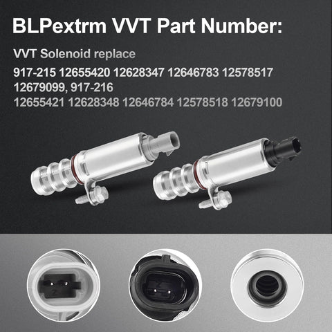 VVT Solenoid Replacement For 2.0L 2.2L 2.4L Engines Fits Chevy Equinox Malibu Cobalt HHR GMC Terrain Buick LaCrosse Pontiac G5 G6 Solstice Camshaft Position Actuator Replace 12655421 12655420 kit showing two solenoids and connectors.