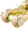 Close-up of Eight Pack Three Eighths Inch Twin Clevis Links Zinc Plated G70 Forged Chain Repair Connectors For Truck And Trailer Safety Chains, 6600 Lb Working Load Limit, Beefy Heavy Duty Alloy Steel Construction