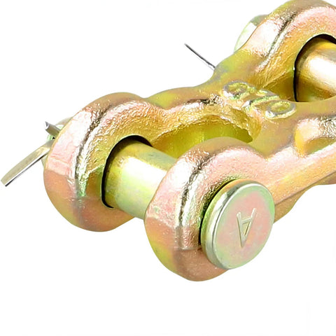 Close-up of Eight Pack Three Eighths Inch Twin Clevis Links Zinc Plated G70 Forged Chain Repair Connectors For Truck And Trailer Safety Chains, 6600 Lb Working Load Limit, Beefy Heavy Duty Alloy Steel Construction