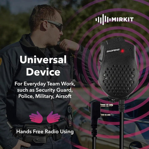 Rugged Dual PTT Baofeng Speaker Mic For UV-82 Series And UV-5R Radios shown with security professional, clear voice transmission device.