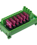 Six Channel DC Power Fuse Distribution Strip Module with DIN Rail Mount, 0-32V, 30A total, 3A per channel visible with fuses.