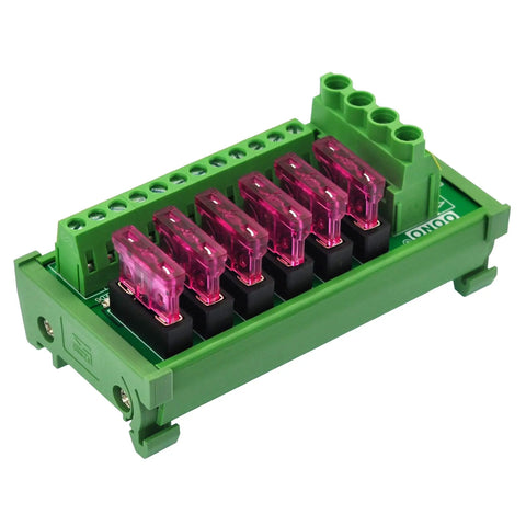 Six Channel DC Power Fuse Distribution Strip Module with DIN Rail Mount, 0-32V, 30A total, 3A per channel visible with fuses.