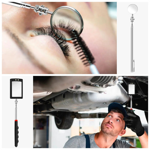 Four Pack Telescoping Inspection Mirror Set With LED Lights 360 Degree Rotation Extendable Mirrors in use for car engine check and eyelash inspection.