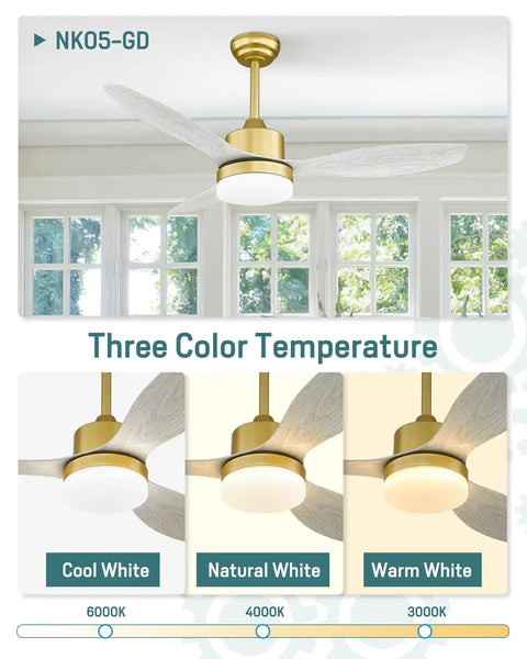 Gold Finish Ceiling Fan With Lights And Remote Control 48 Inch Indoor Outdoor Ceiling Fan With White Wood Blades