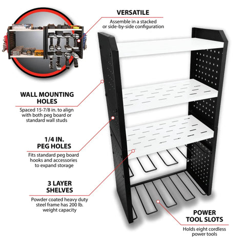 Heavy Duty 17 Inch Five Level Power Tool Storage Rack With 200 Pound Capacity, 9 Gauge Solid Steel Frame, Black and White