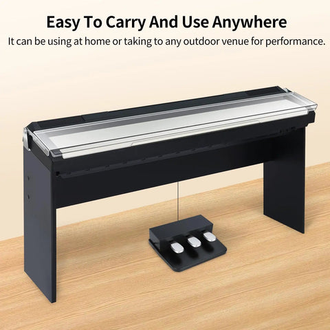 Three Pedal Foot Pedal Unit For Digital Keyboards And Pianos With Soft Sostenuto And Sustain Pedals Compatible With Yamaha P225 P525 PS500 Electric Digital Pianos Realistic Piano Pedal Action, shown under a keyboard setup on wooden floor.