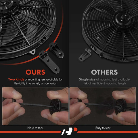 Rock Solid 10 Inch Universal Electric Cooling Fan Assembly With Thermostat Relay And Mount Kit Direct Drop Fit 12 Volt Pull Type Radiator Fan for Beat The Heat with flexible mounting options.