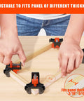 Close-up of hands using Four Pack 90 Degree Corner Clamp Set for woodworking on a wooden frame, adjusting panel thickness.