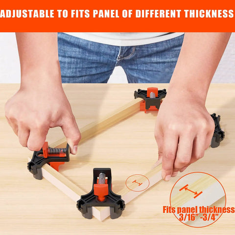 Close-up of hands using Four Pack 90 Degree Corner Clamp Set for woodworking on a wooden frame, adjusting panel thickness.