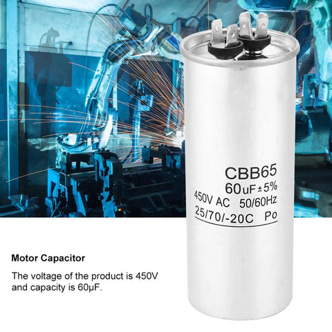 60 uF 450V CBB65 Run Capacitor For Air Conditioner Compressor And Industrial Equipment Waterproof Motor Drive Capacitor 60 Microfarad Start Unit For HVAC And Heavy Machinery, white canister