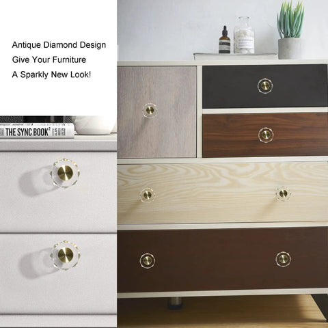 10 Pack Dope Brass Crystal Cabinet Knobs Set With Glass Crystal Gold Finish 1-1/4 Inch Polygon Decorative Dresser Pulls on cabinet